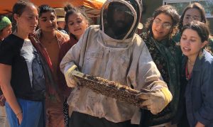 Beekeeper holding a frame of honeycomb and bees surrounded by students
