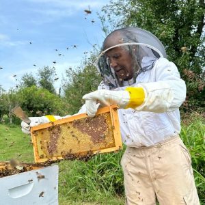 Farm Jim Embry tending to a bee hive