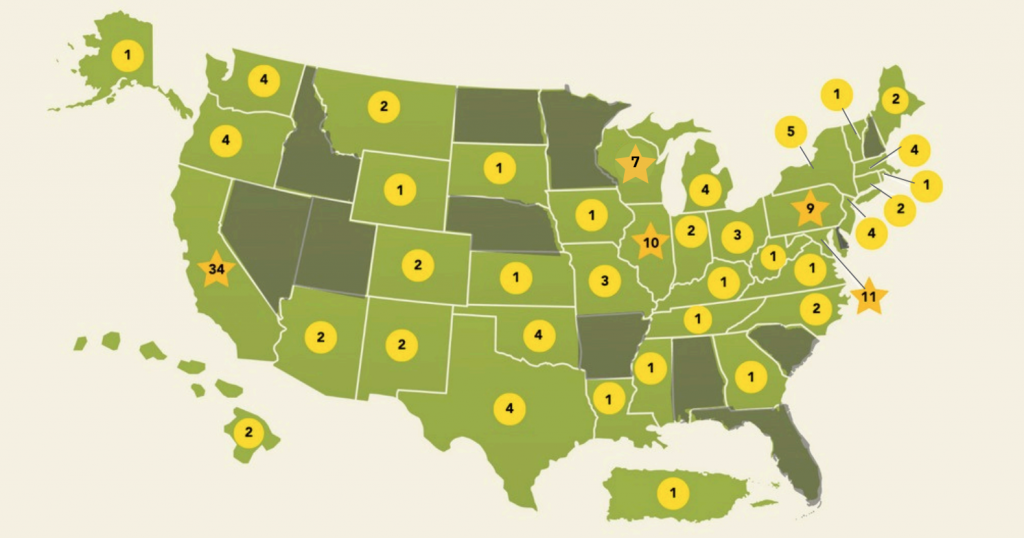 Map of U.S states and territories showing where The FruitGuys Community Fund has awards grants to farms 